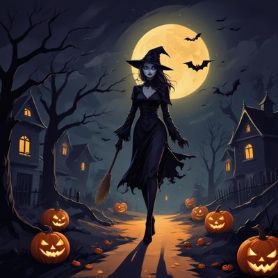 Witch walking down a spooky street on halloween night