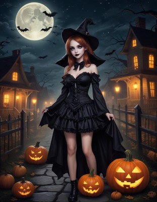 Festive witch walks in a moonlit halloween scene