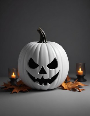 White pumpkin with spooky face surrounded by candles