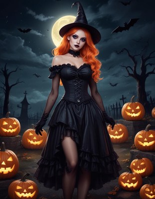 Woman in black dress with pumpkins and bats at night