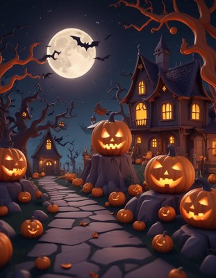 Haunted pathway lined with glowing pumpkins at night