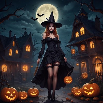 Mystic witch in a haunted village at halloween night