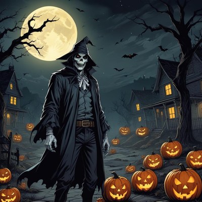 Nighttime halloween scene with a skeleton figure