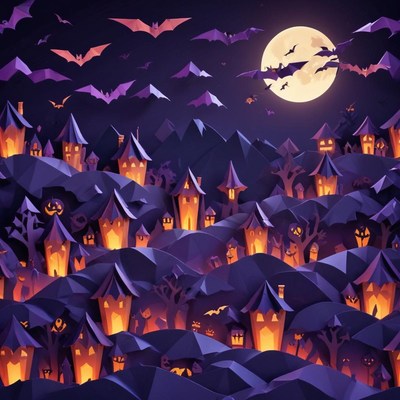Spooky night scene with bats and glowing houses