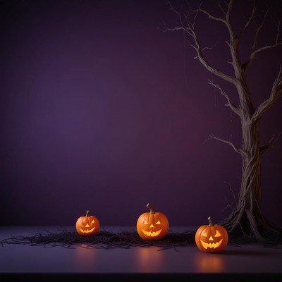 Halloween scene with carved pumpkins and bare tree