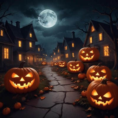 Halloween night in a spooky village with glowing pumpkins