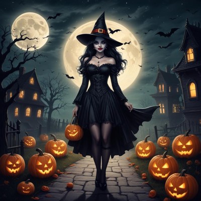 Witch walking through a pumpkin path on halloween night