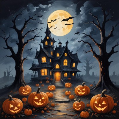Spooky halloween night at a haunted house with pumpkins