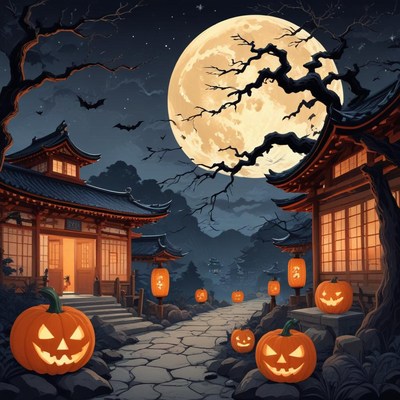 Spooky night with pumpkins and japanese architecture