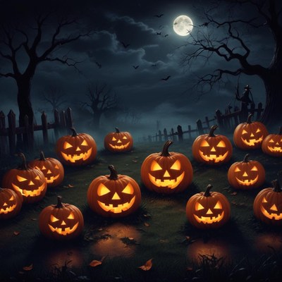 Spooky halloween night with glowing jack-o'-lanterns