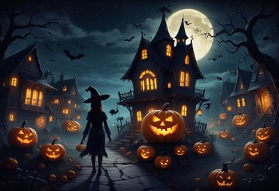 Haunting halloween night with pumpkins and witch silhouettes