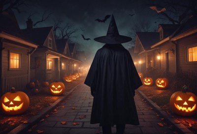 Witch walks among glowing pumpkins on halloween night