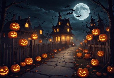 Spooky halloween night with glowing jack-o'-lanterns