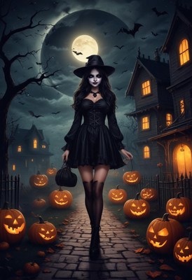 Witch strolls a haunted street on halloween night