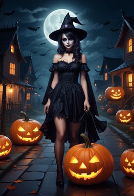 Witch in black dress strolls through spooky halloween night