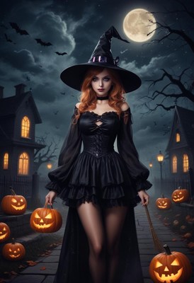 Woman in witch costume with pumpkins during halloween night
