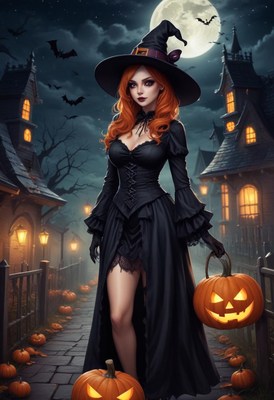 Witch in a spooky town under the moonlight