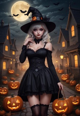 Halloween witch walking down a spooky street at night