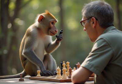 Monkey and man play chess in a serene forest setting