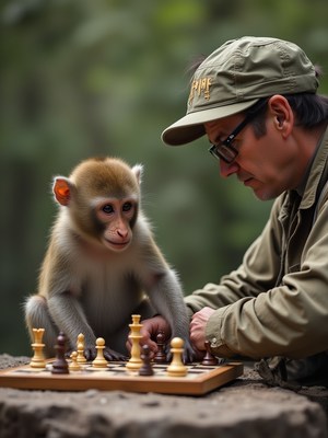 Man plays chess with a monkey in a forest setting