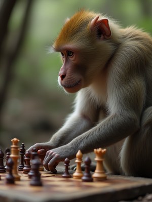 Monkey playing chess in a serene forest setting
