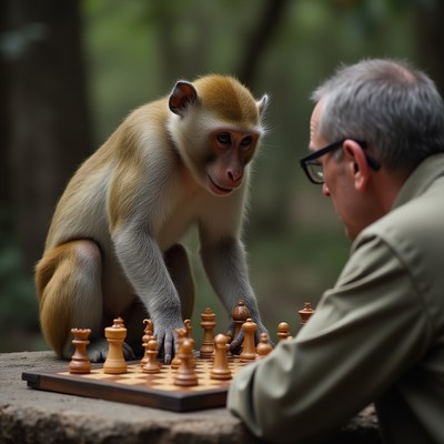 Monkey and man engaged in a game of chess in a park