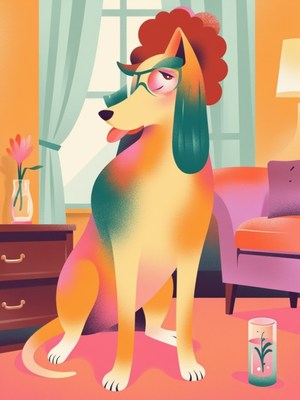 Colorful dog with glasses in a bright living room scene