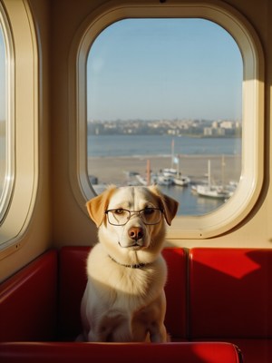 Dog wearing glasses relaxing by the window at a marina