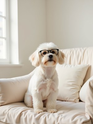 White dog with glasses sitting on a cozy sofa