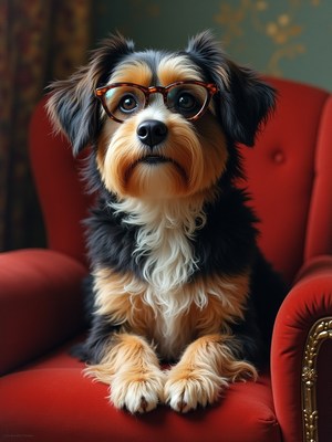 Dog wearing glasses sits on red chair indoors