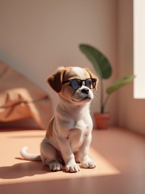 Cute puppy wearing sunglasses in sunny room