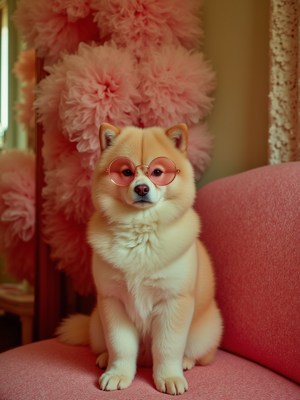 Cute dog in stylish glasses sitting on a pink couch