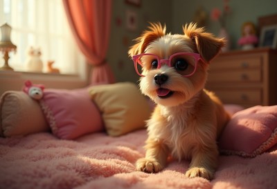 Cute dog wearing glasses on a cozy pink bed