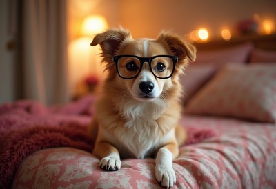 Cute dog wearing glasses relaxing on a bed