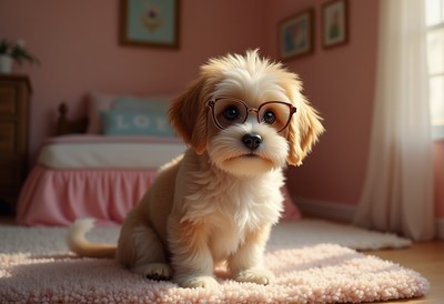Cute puppy wearing glasses in a cozy room setting