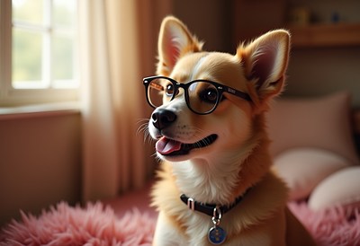 Corgi wearing glasses in cozy room during daytime