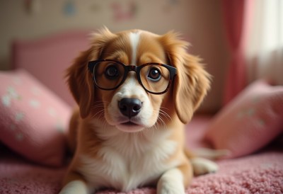 Cute dog wearing glasses on a cozy bed