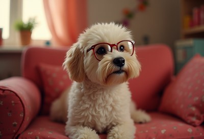 Cute dog wearing glasses relaxing on a couch