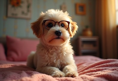 Dog wearing glasses relaxes on a bed in cozy room