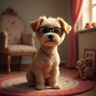 Cute dog wearing glasses in a cozy living room