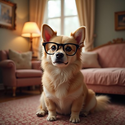 Corgi wearing glasses inside a cozy living room