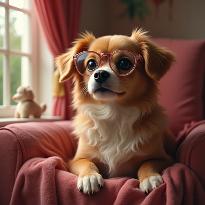 Cute dog wearing glasses sits on a pink chair