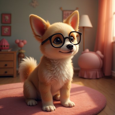 Cute puppy with glasses sitting in a cozy room