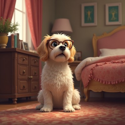 Dog with glasses sitting on a carpet indoors