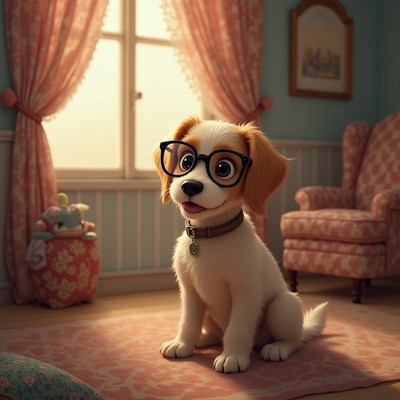 Cute puppy with glasses in cozy living room setting