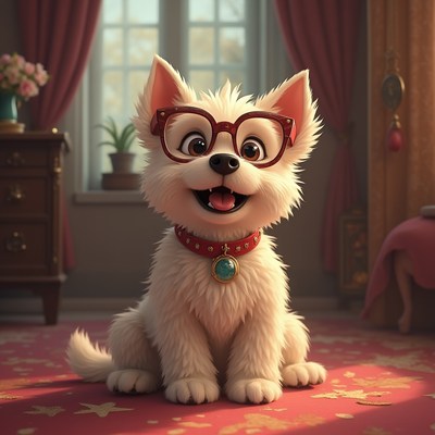 Cute dog wearing glasses sitting in cozy room