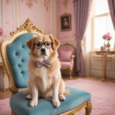 Dog in glasses and bowtie sits on chair in pink room