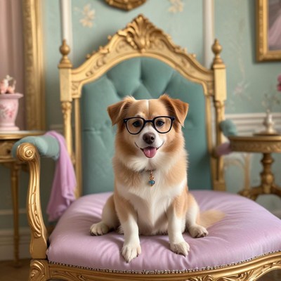 Dog wearing glasses sits on a fancy chair