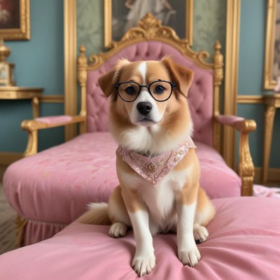Dog wearing glasses sits on pink furniture in a stylish room