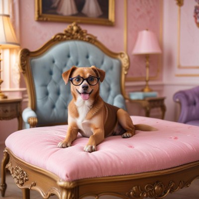 Dog in glasses sits on elegant furniture in cozy room